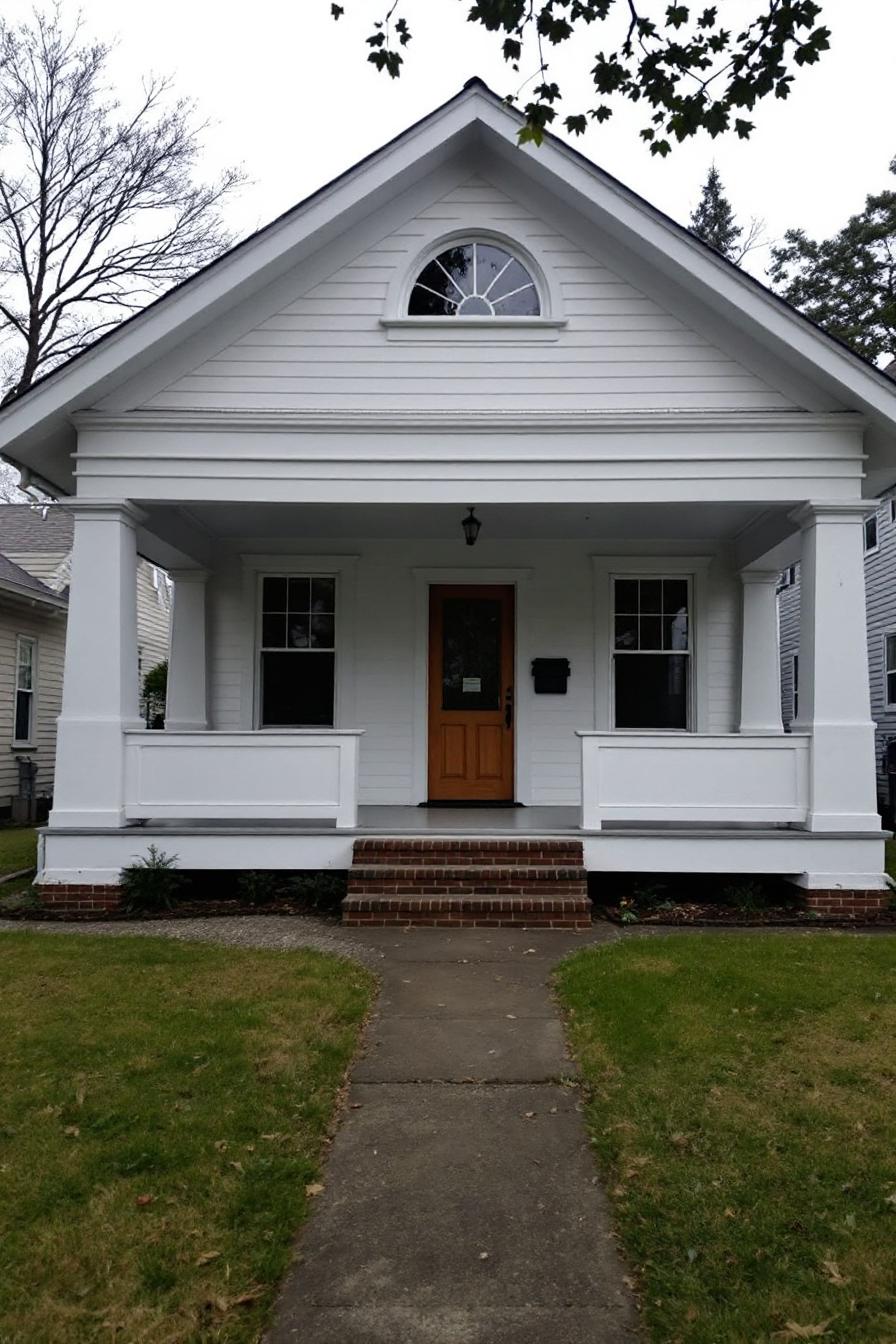 Cozy white bungalow with a welcoming porch