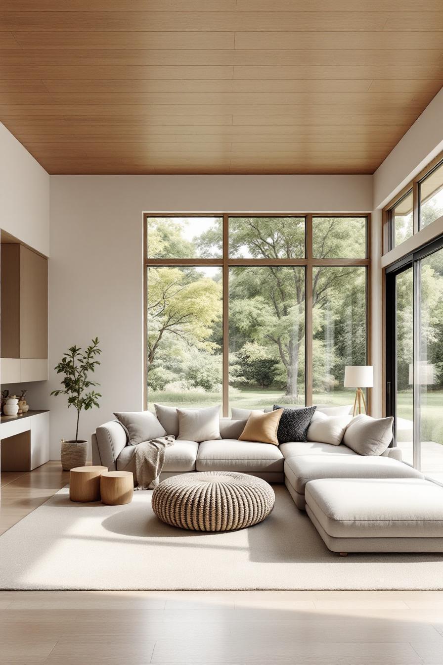 Bright Japandi living room with large windows