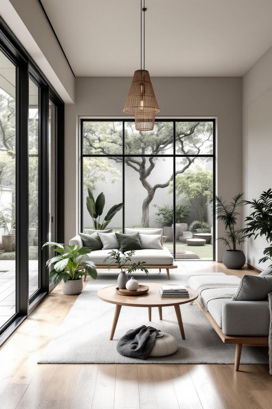 Modern living room with large windows and green plants