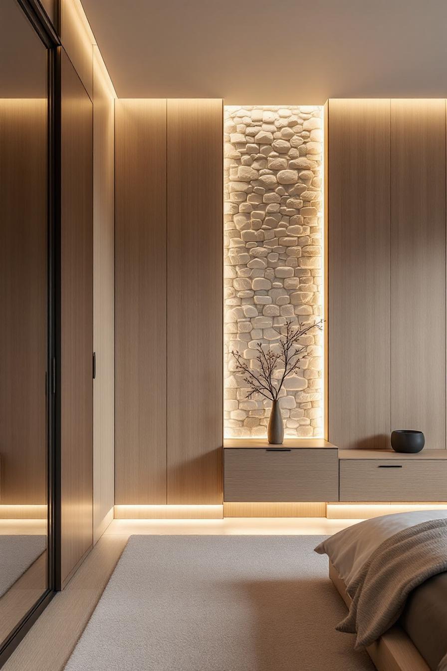 Warm wood tones with a cozy stone wall