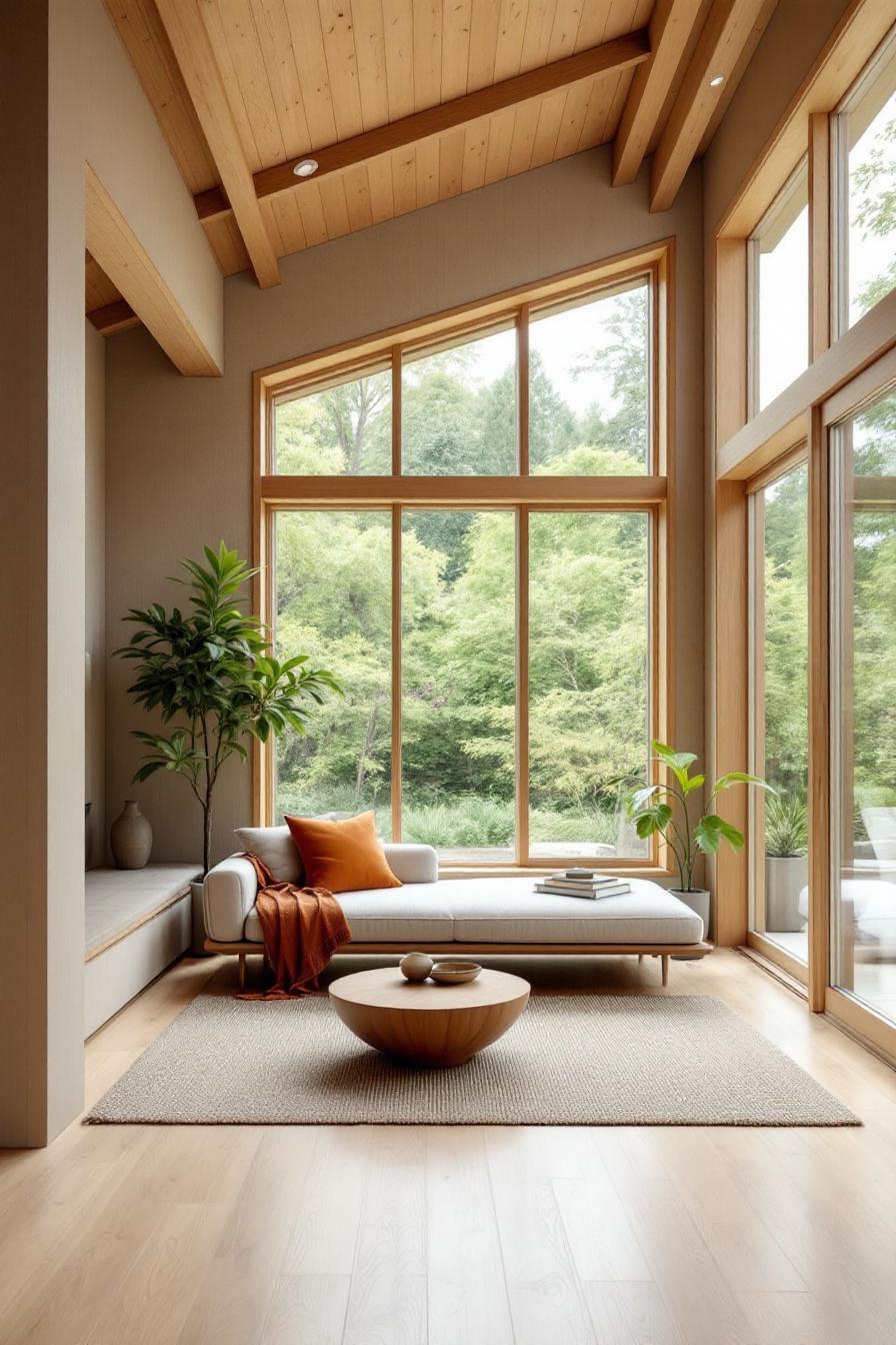 Living room with large windows and wooden elements