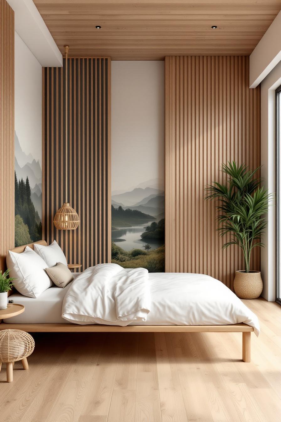 Alt Text: Minimalist bedroom with wooden accents and a nature mural