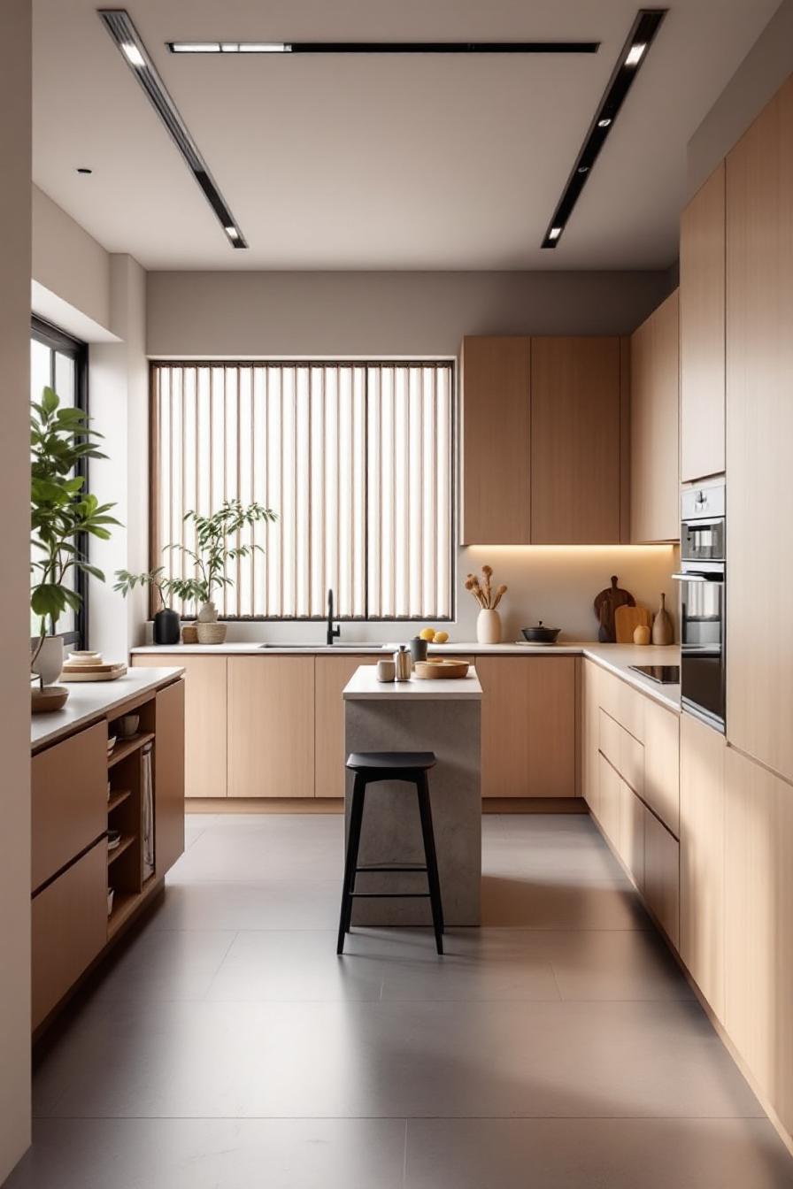 Minimalist kitchen with natural wood tones and greenery