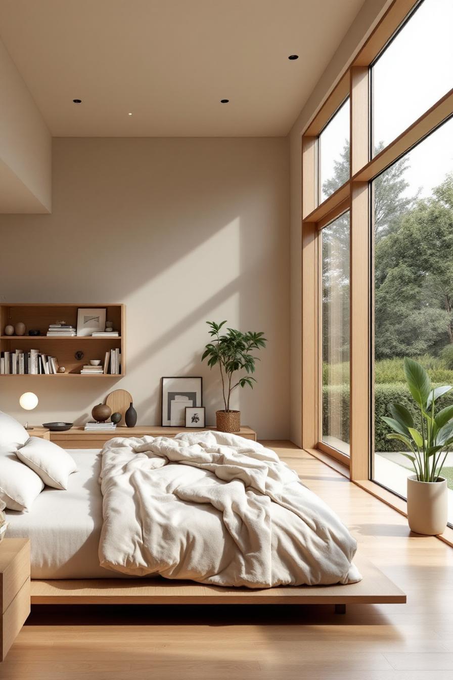 Minimalist bedroom with large windows and cozy decor