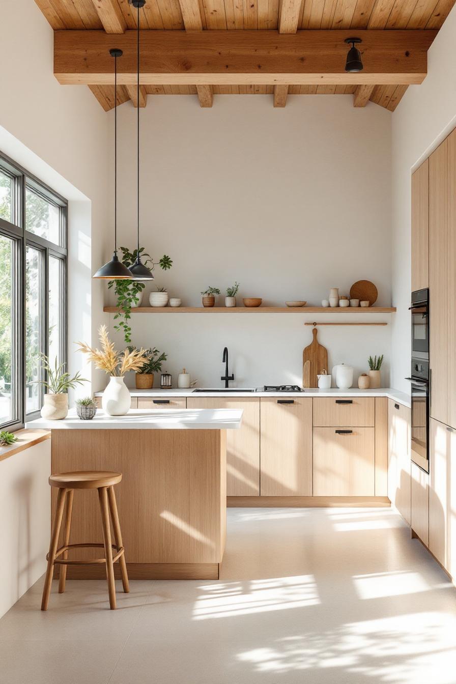 Bright kitchen with wooden cabinets and large windows