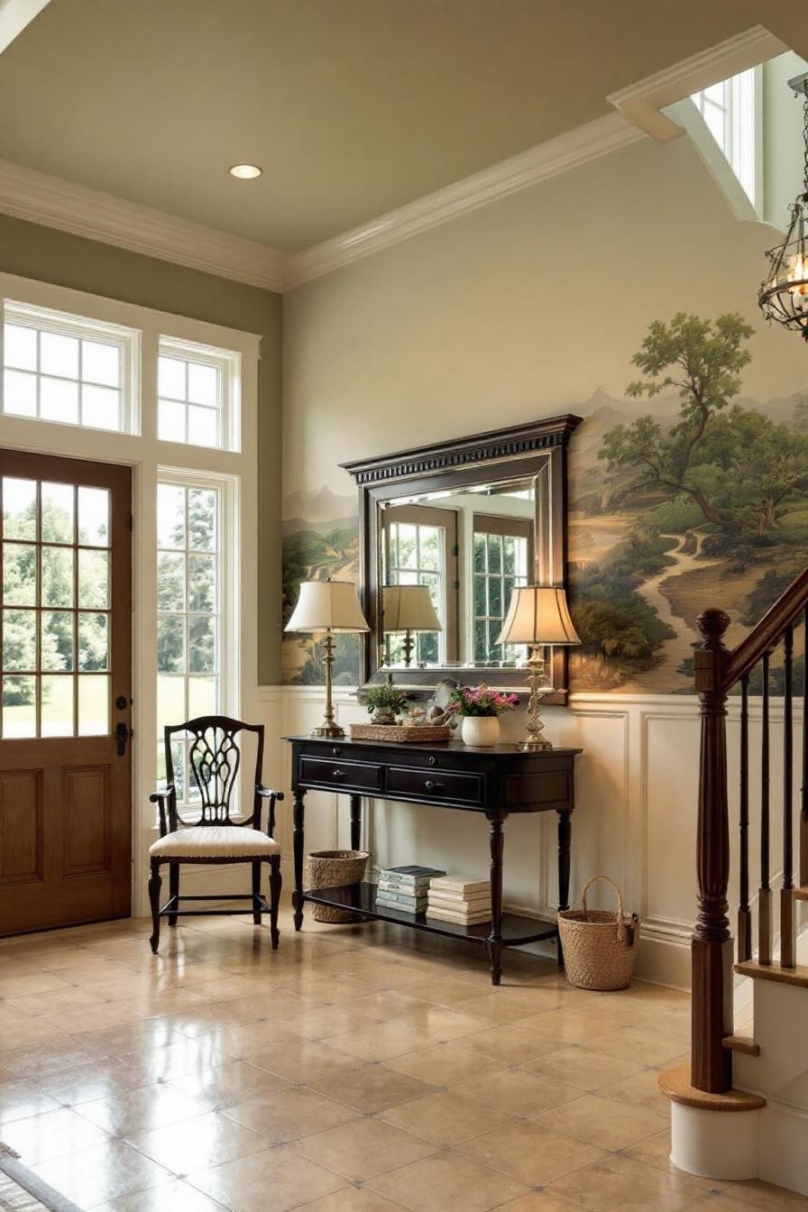 Bright colonial-style entryway with elegant furniture and mural