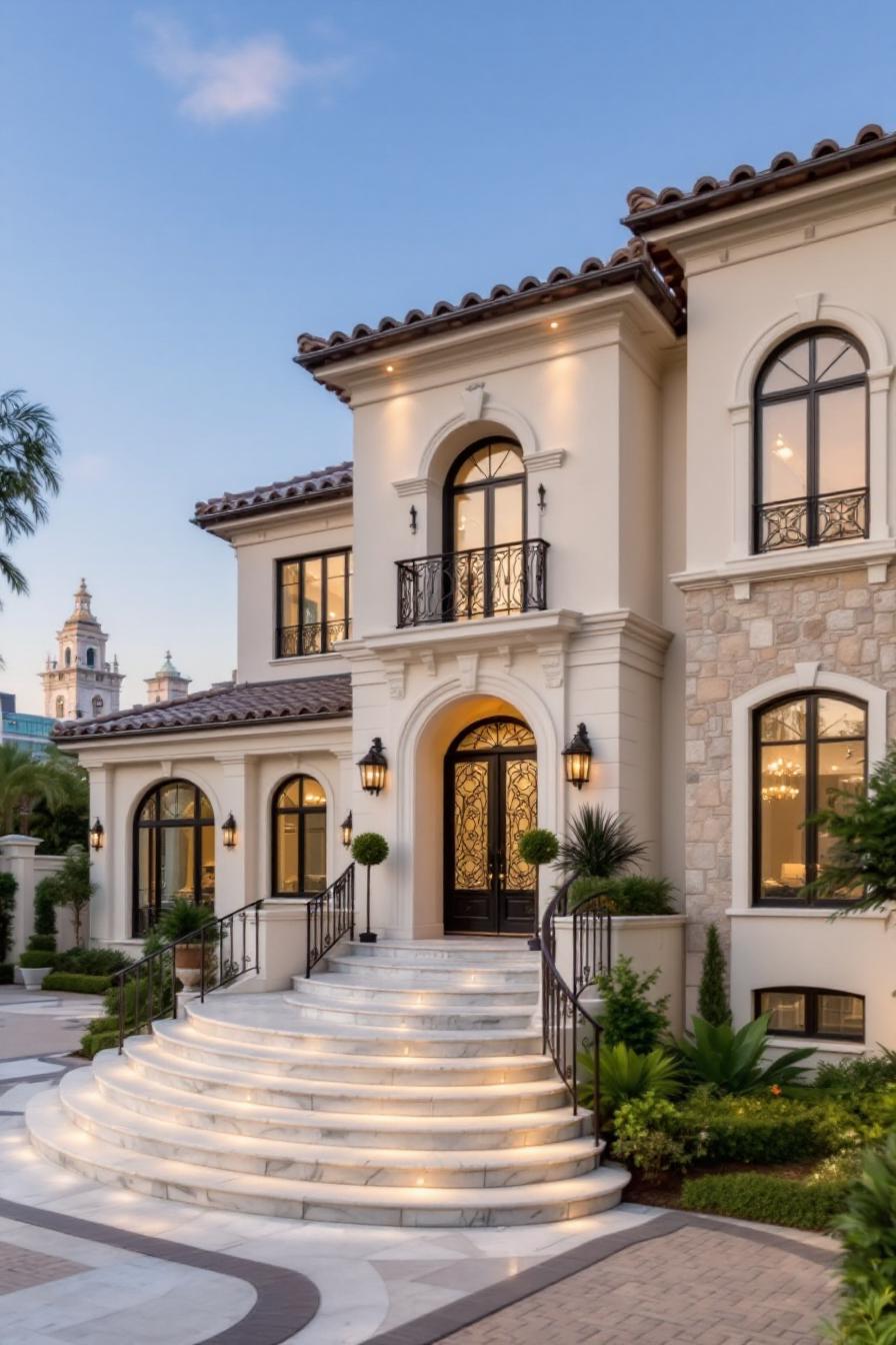 Grand staircase leading to a lavish house