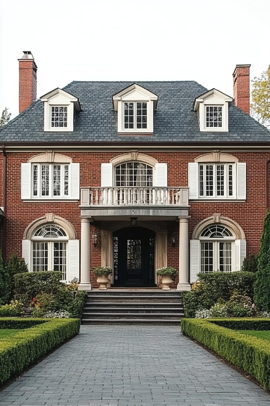 Classic Georgian home with elegant columns and manicured shrubs