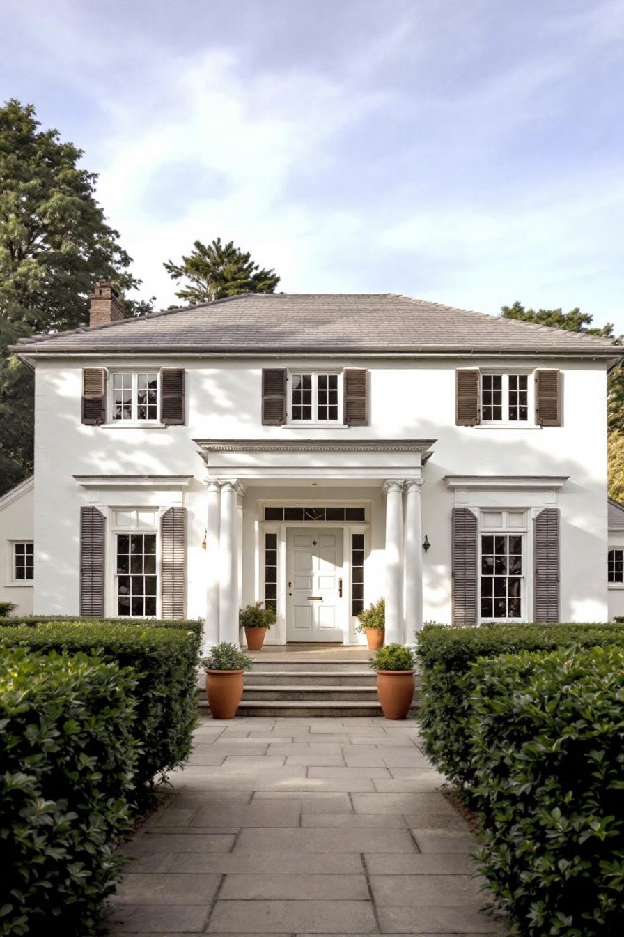 White Georgian home with columns and a pathway flanked by lush greenery