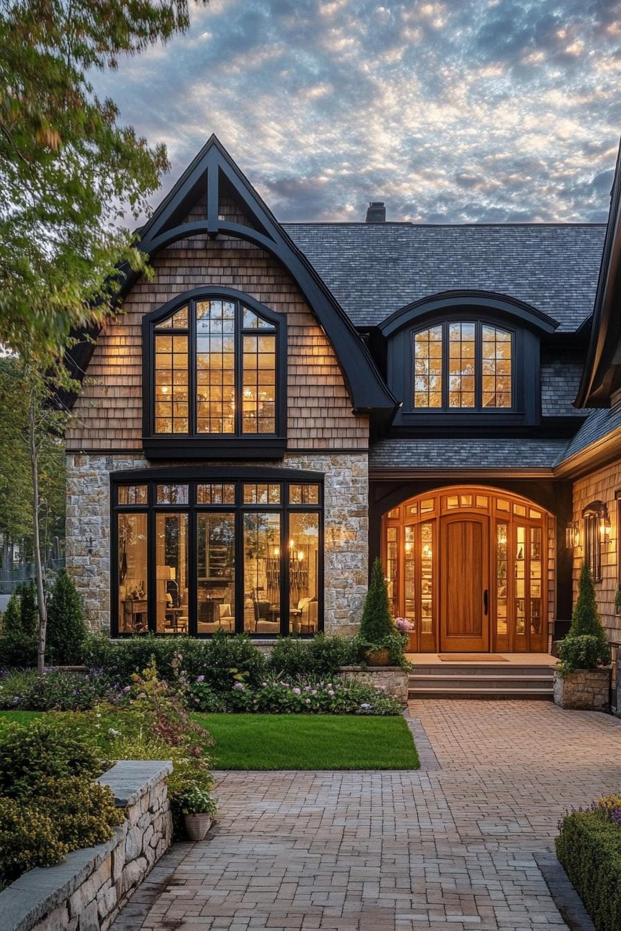 Charming stone and shingle house with gabled roof