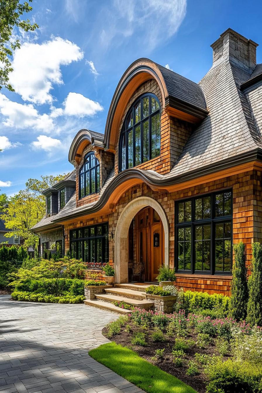 Shingled house with arched windows and lush garden