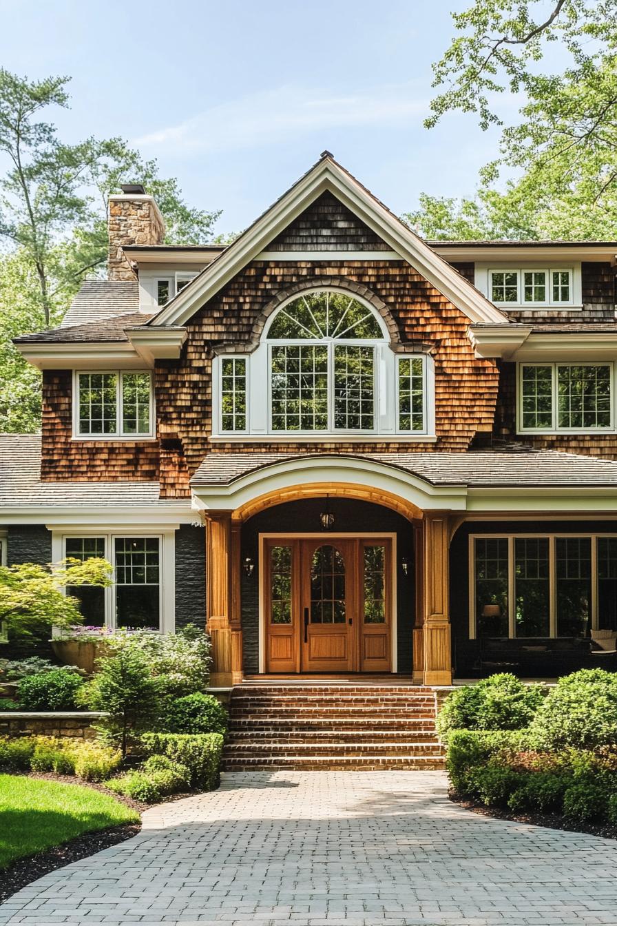 A charming, wooded entrance to a house