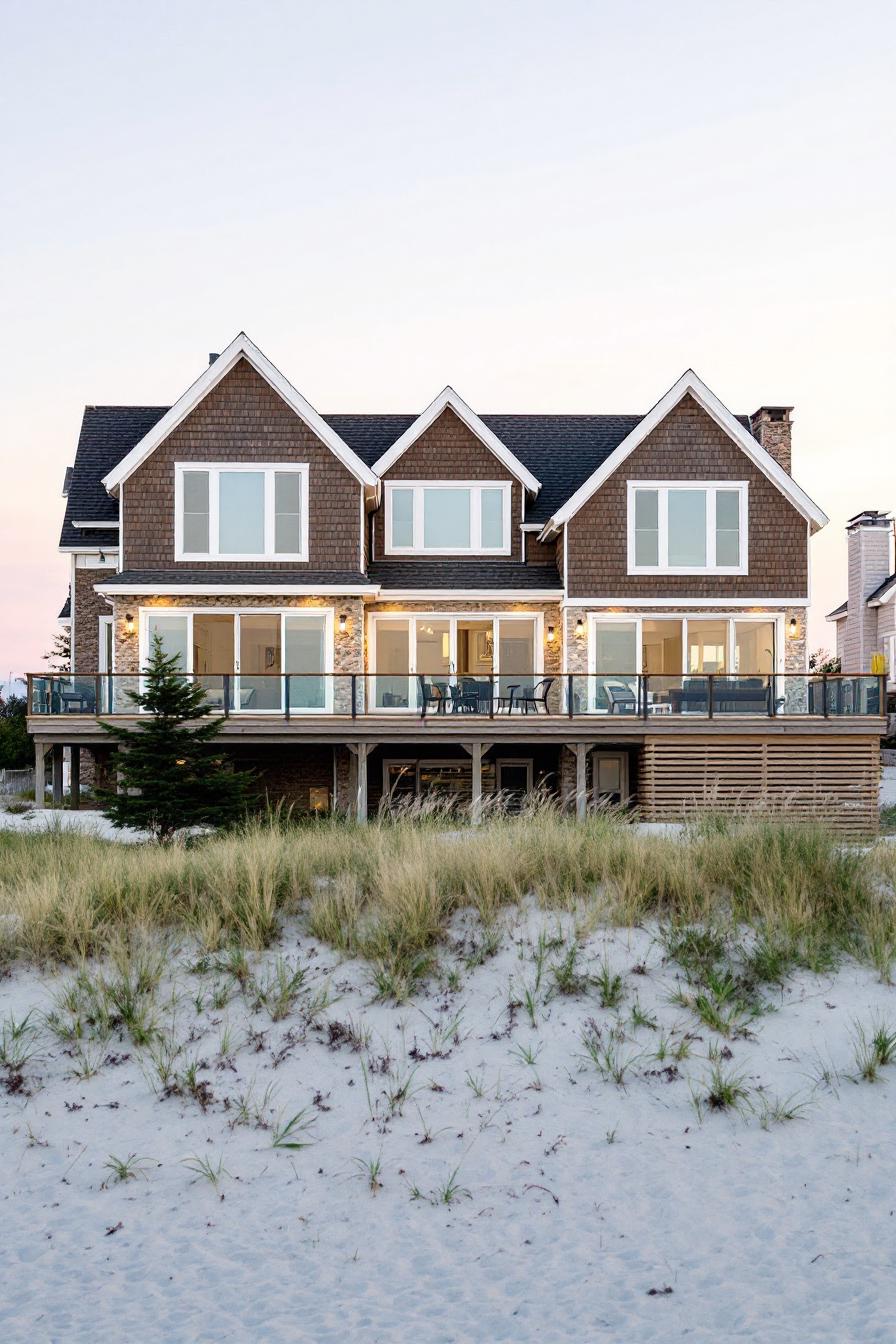 Elegant Hamptons-style house with grassy dunes in the foreground