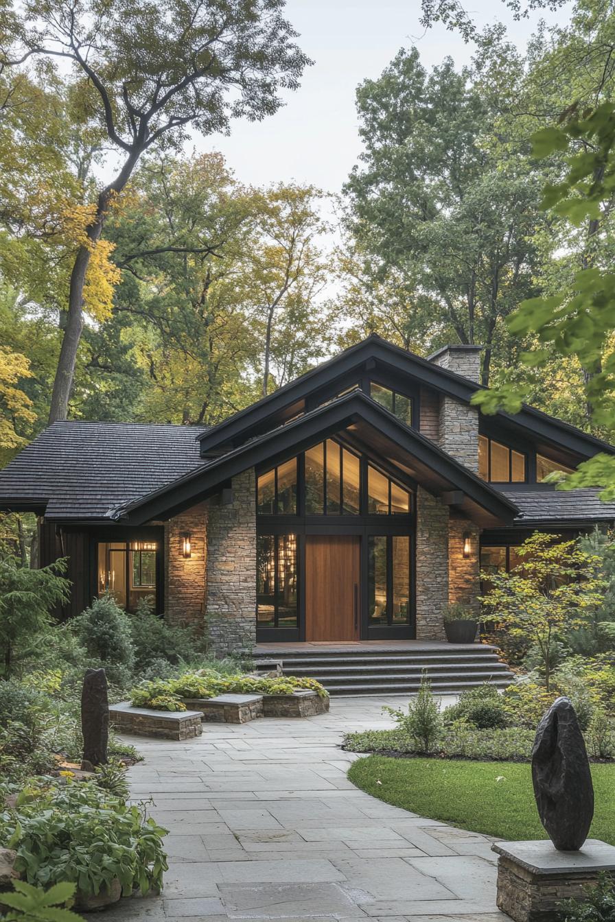 Stone and wood mountain house amidst lush greenery