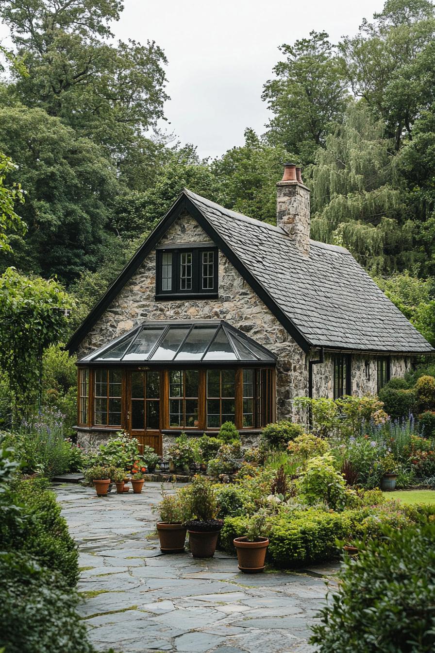 Stone cottage with a glass-enclosed porch amidst a lush garden