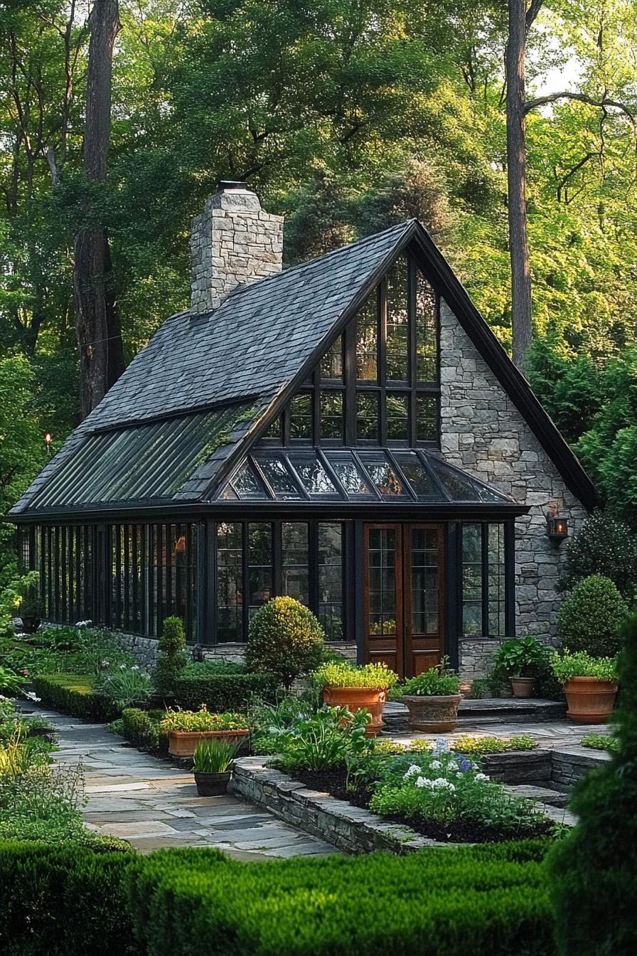 Stone cottage with large glass windows and lush garden