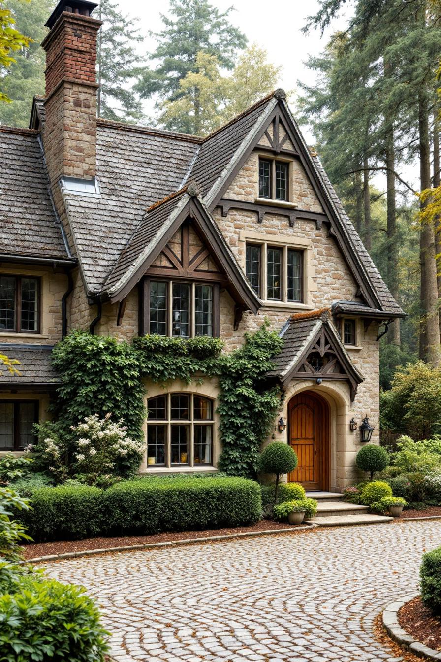 Charming stone cottage with wooden gable and climbing ivy