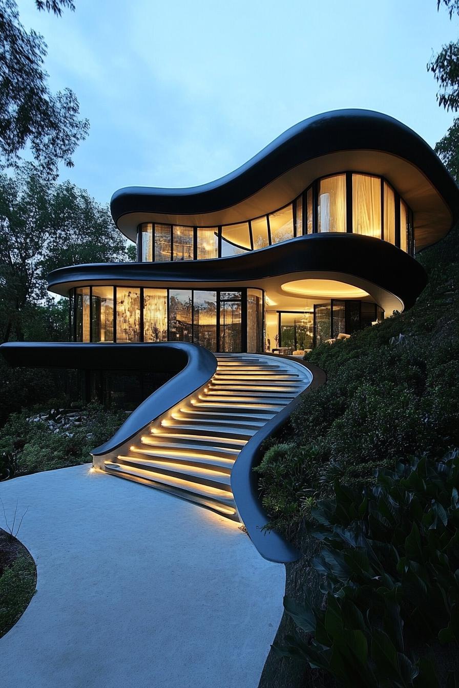 Modern architectural home with curved design and lit staircase