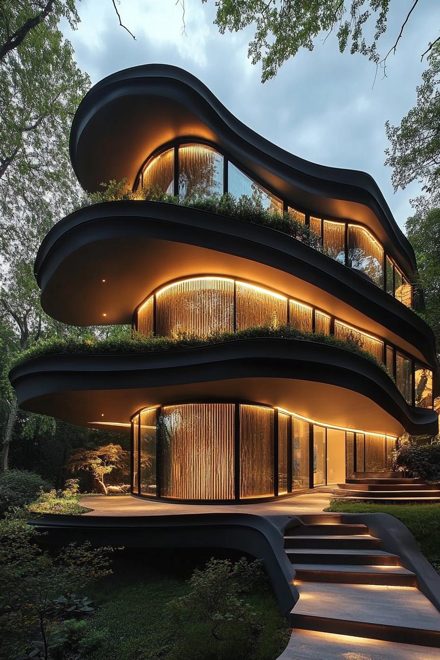 Curvy multilevel home with glowing lights, set amidst greenery