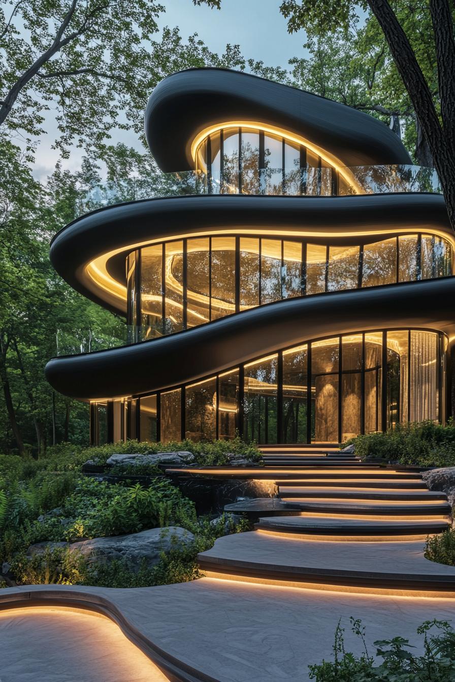 Winding glass and steel structure in a forest setting