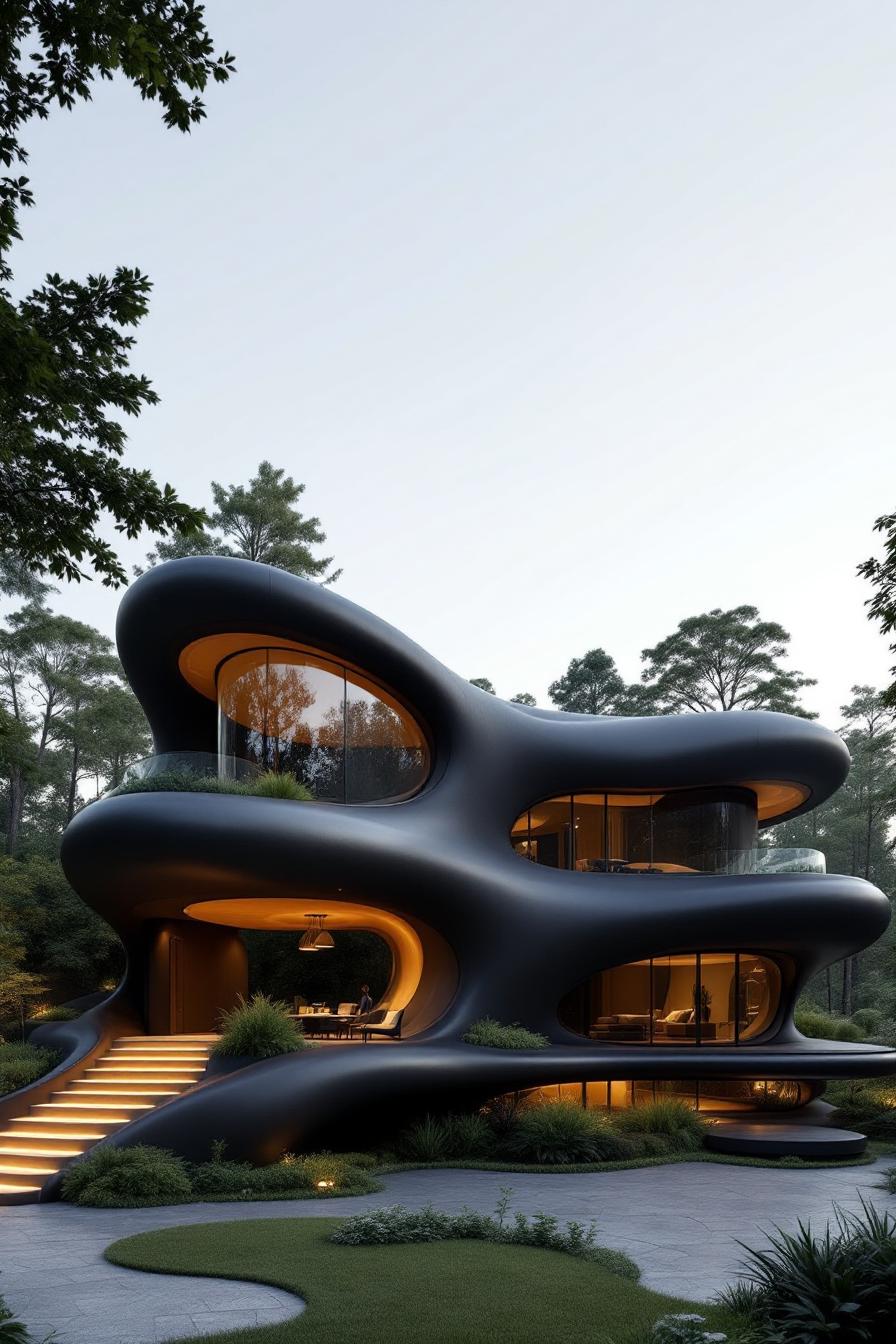 Futuristic black house with flowing curves and glowing interiors