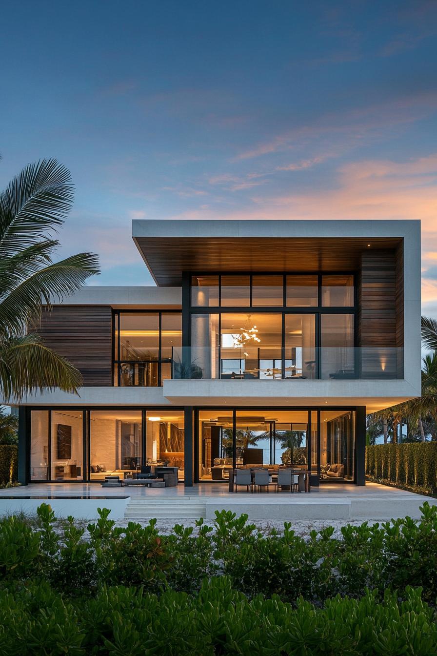 A modern beachfront home with large glass windows at sunset