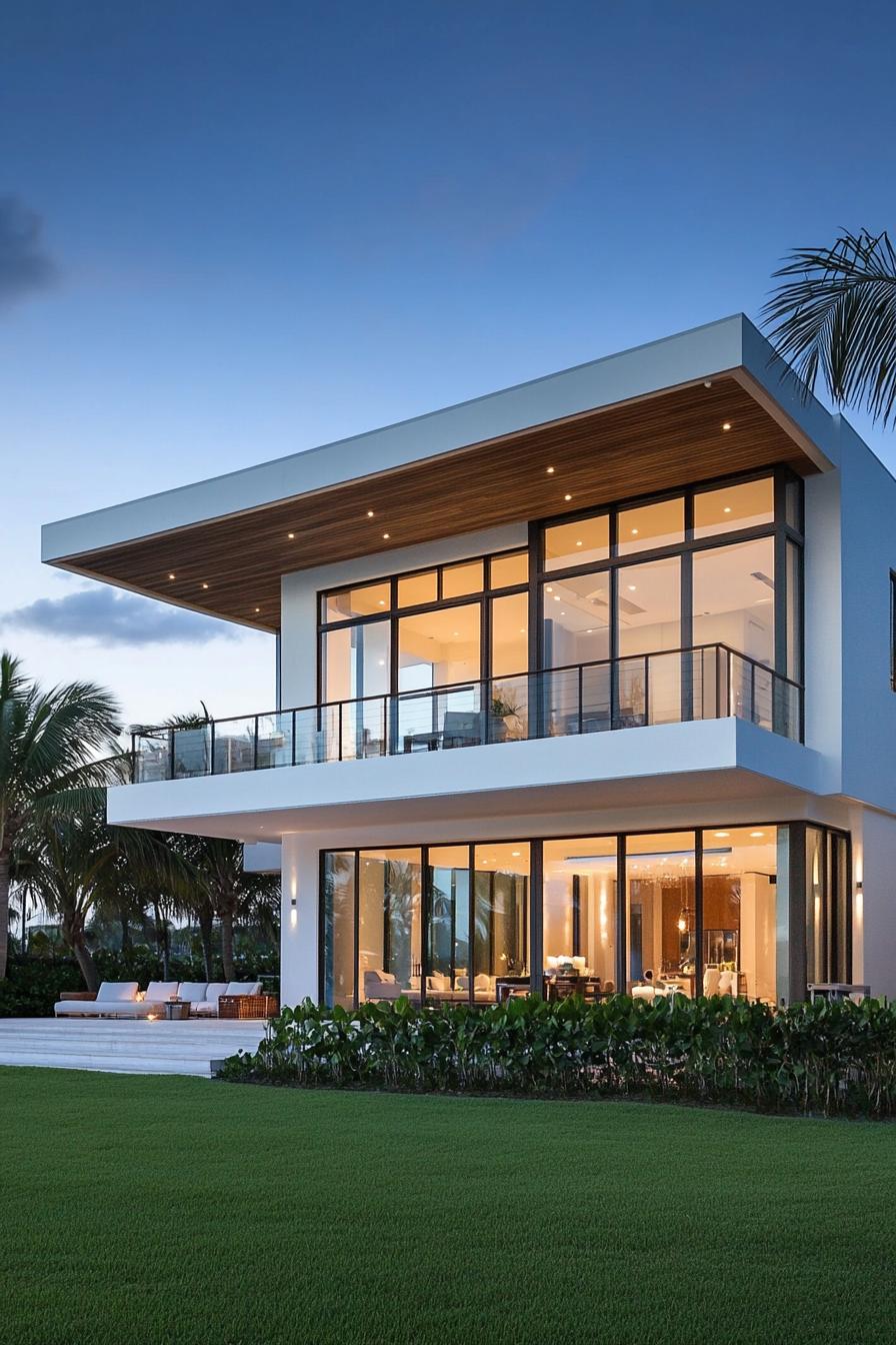 Modern beach house with large windows and a sleek design