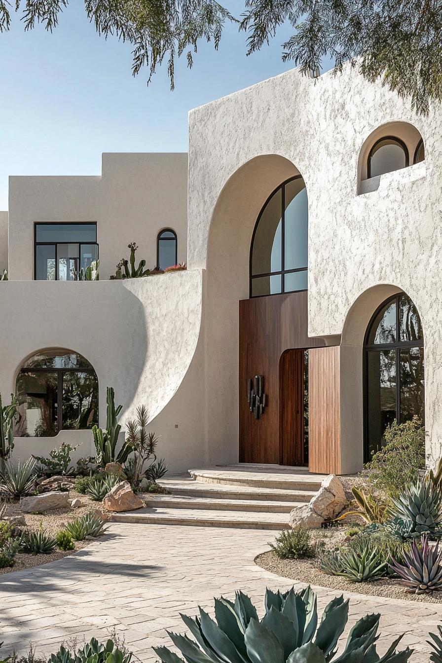 Modern villa with arched windows and succulent landscaping