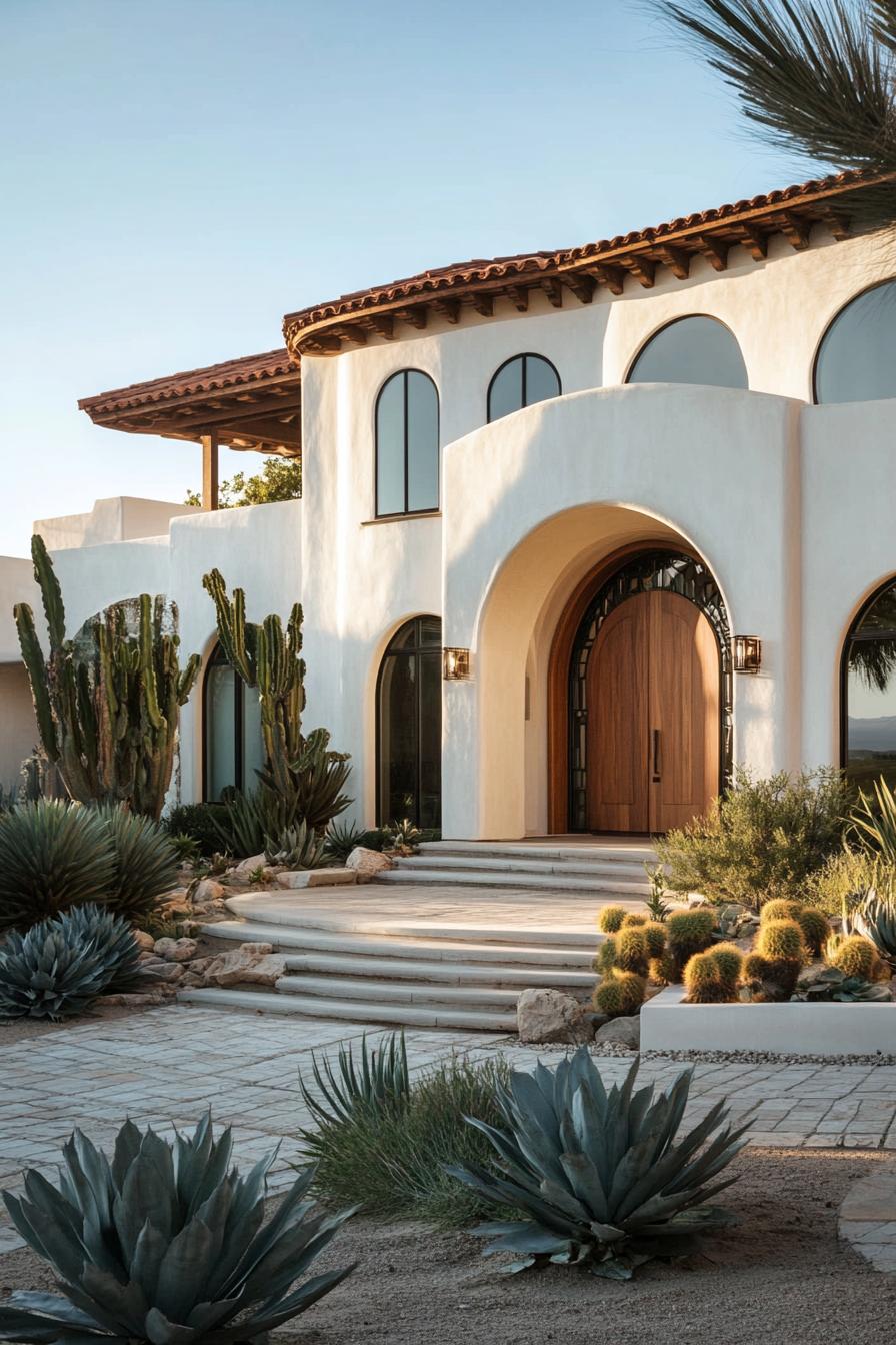 Mediterranean villa with curved arches and cacti