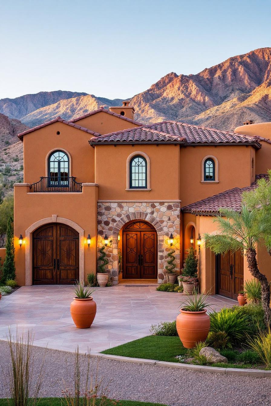 Mexican house with terracotta exterior and mountain view