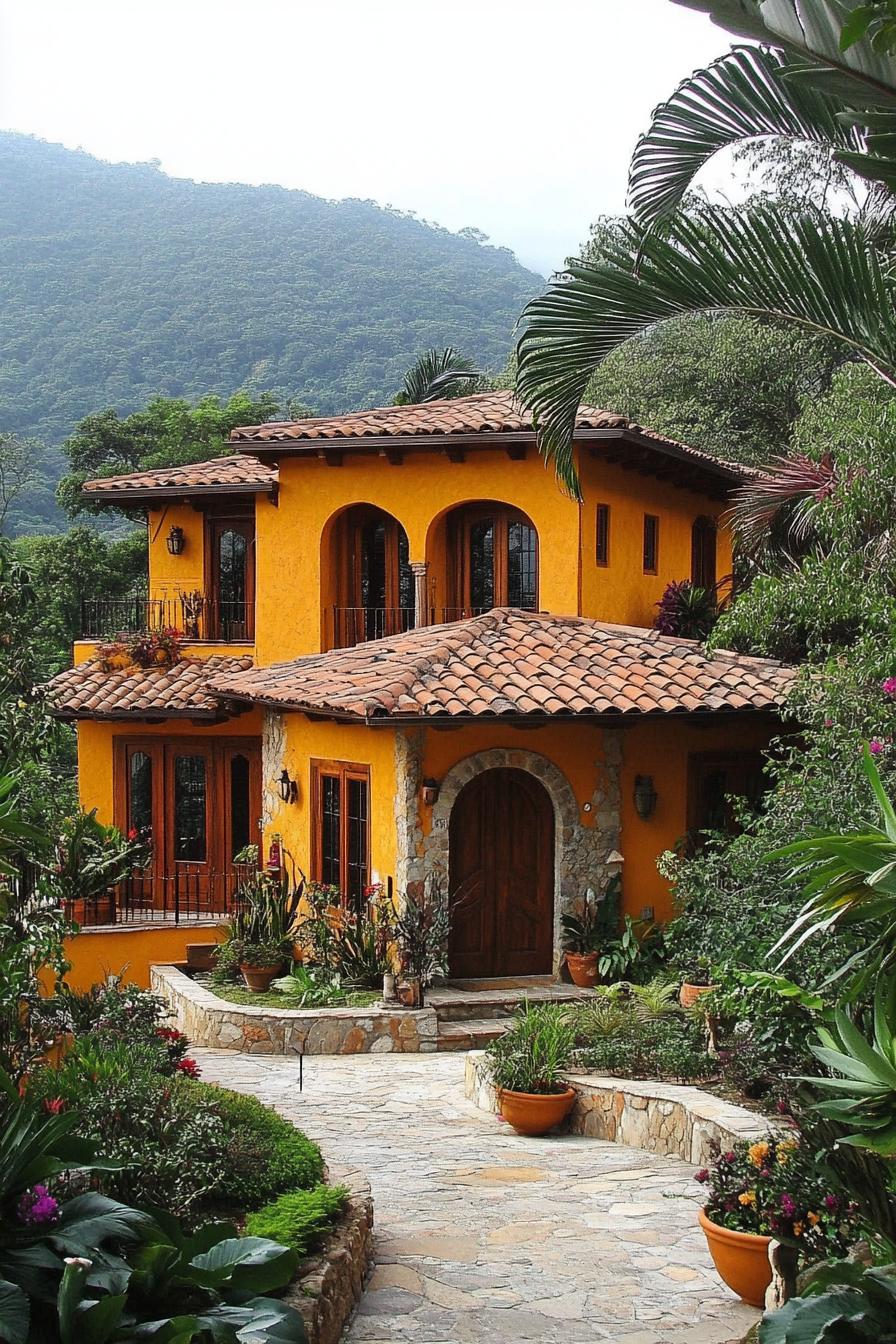 Vibrant yellow Mexican house surrounded by lush greenery