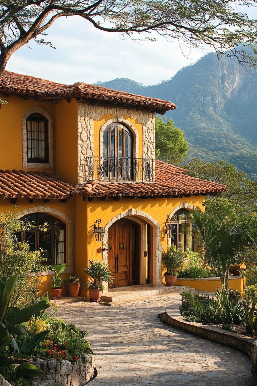 Yellow house with stone details and lush garden