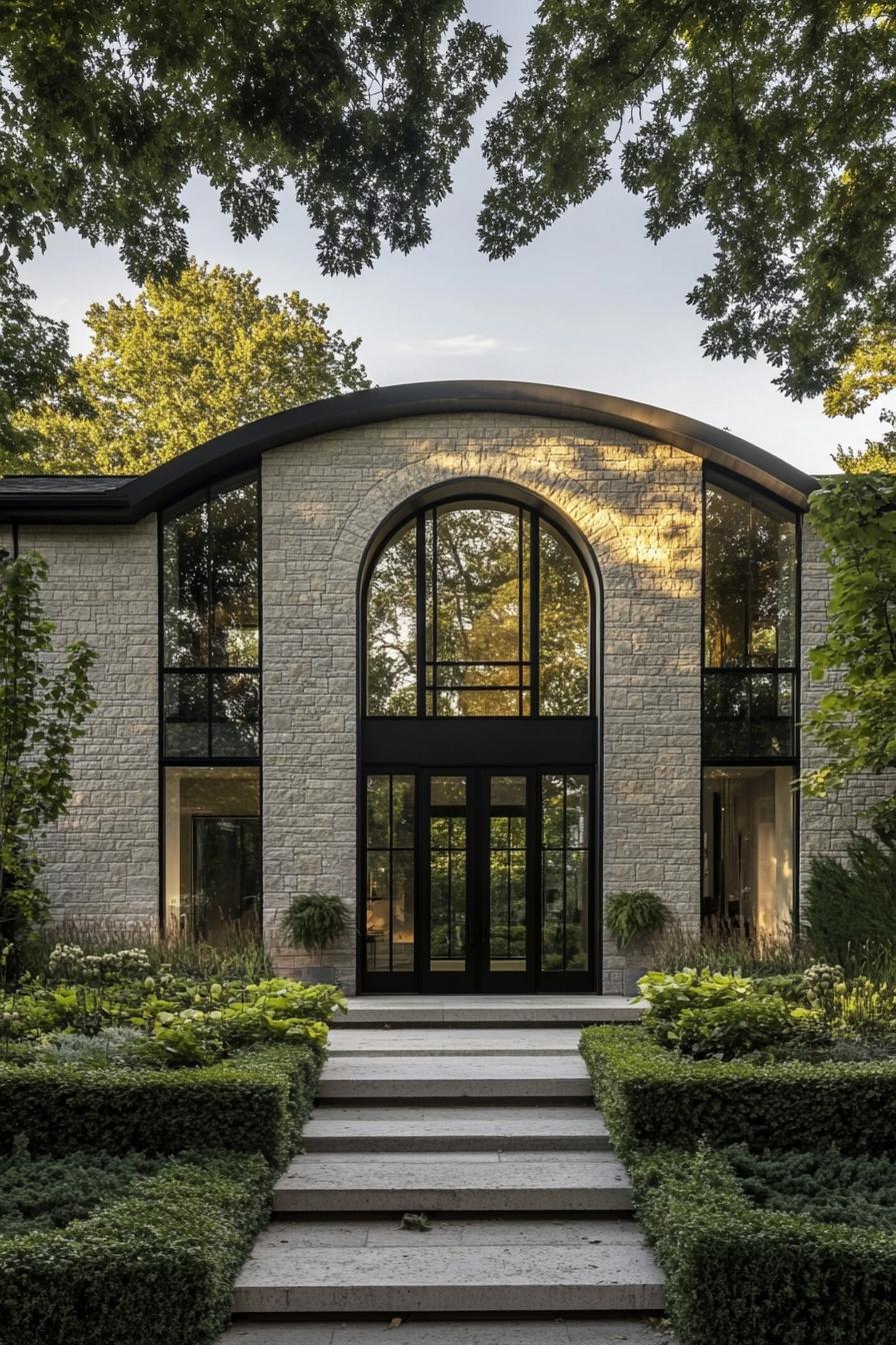 Modern French home with an arched stone facade