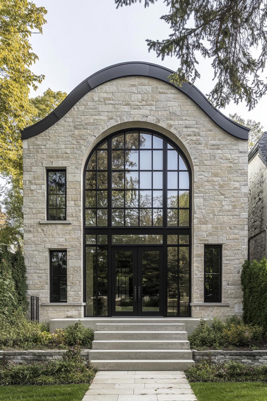 Modern home exterior with stone and large arched windows