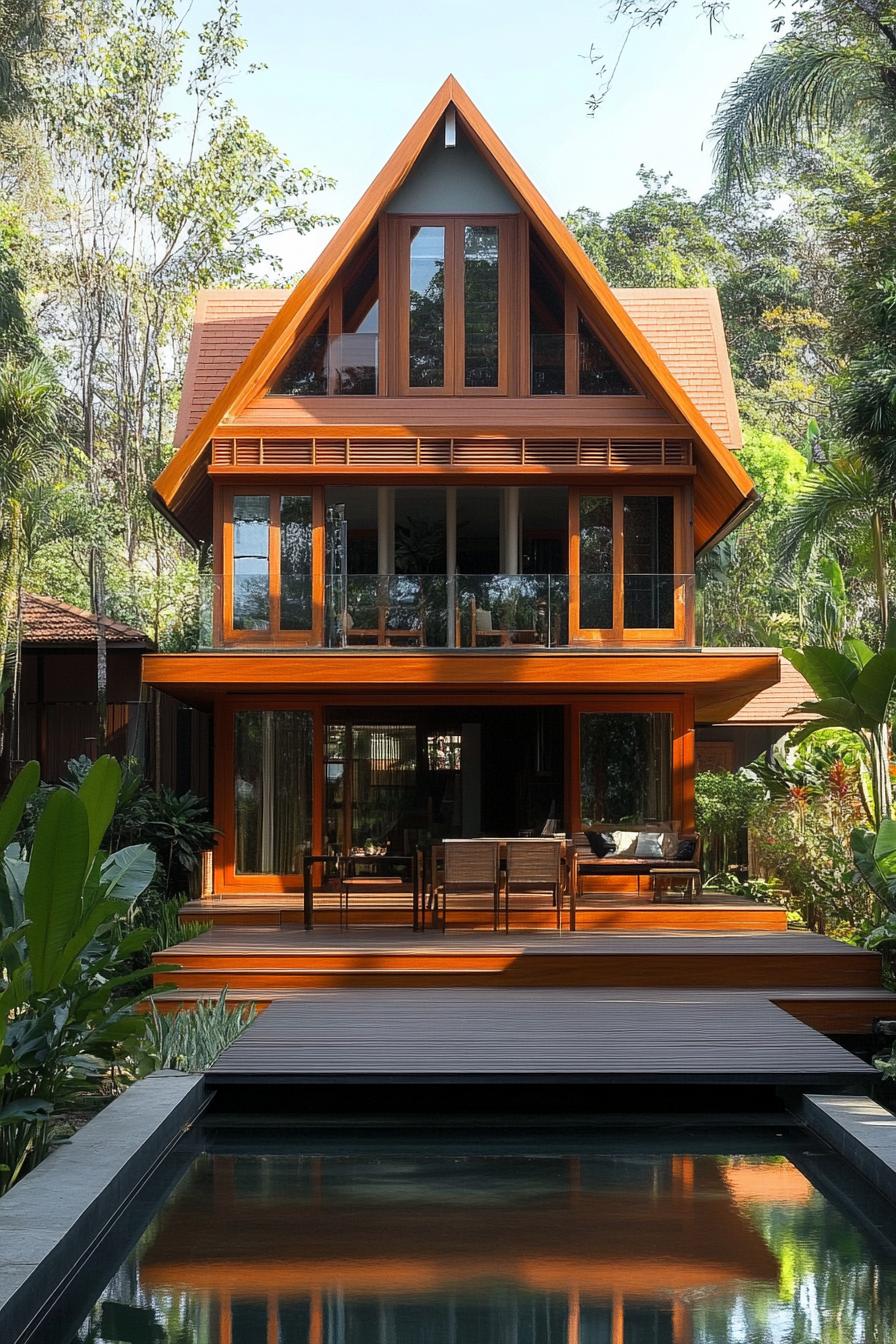 Modern Thai house design two story facade with traditional Thai influences use of natural wood elements rectangular structure with slight 1