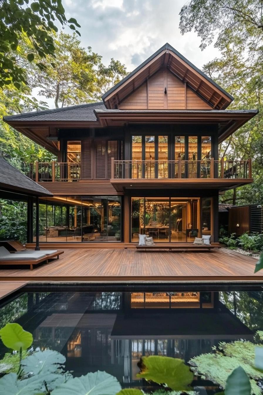 Modern Thai house with wooden design and a serene pool