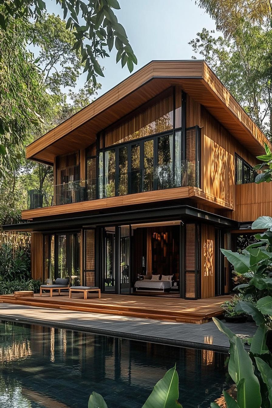 Modern Thai house with wooden accents and large glass windows