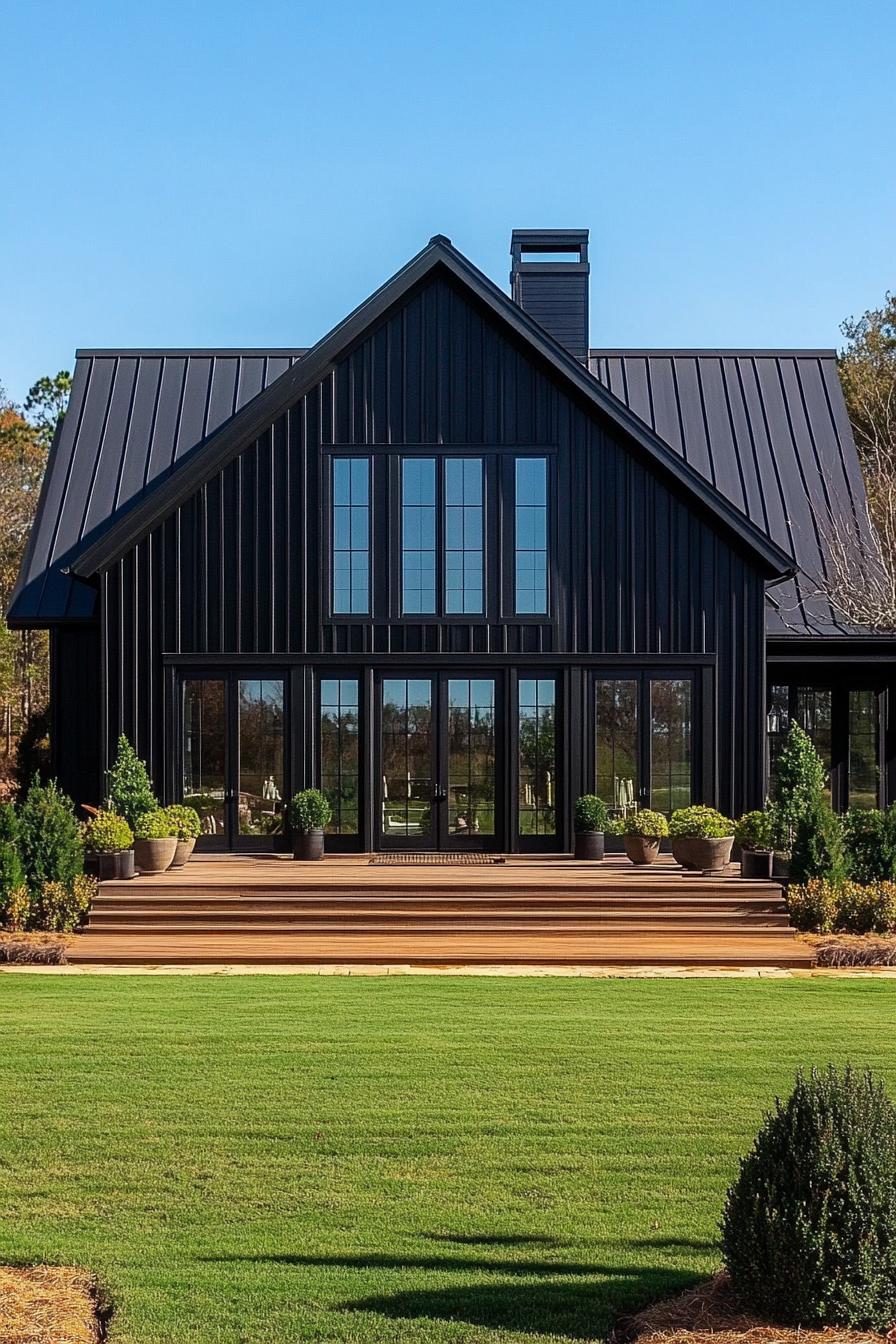 Modern black barndominium with gabled roof