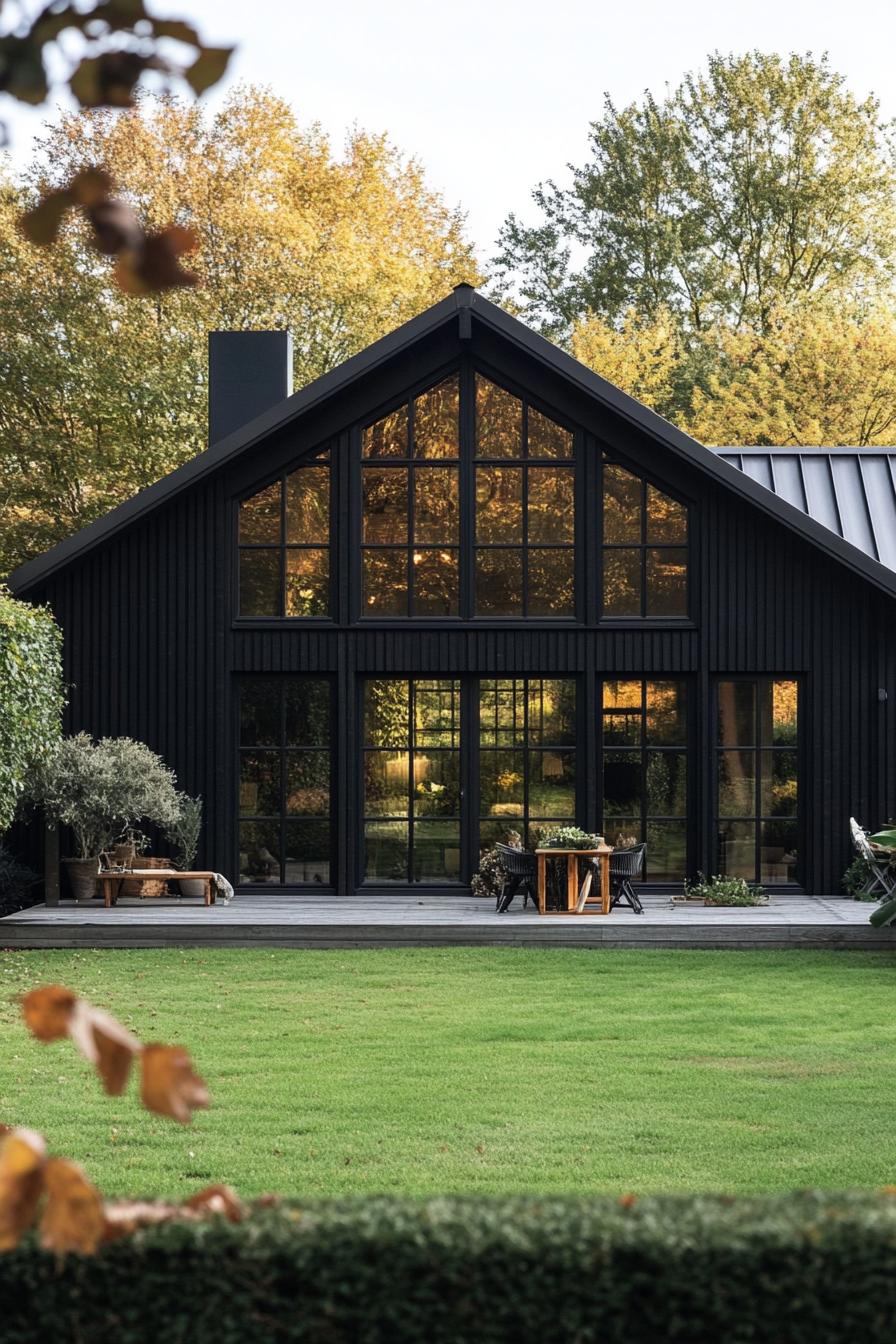 Modern black A-frame house with large glass windows and a lush green lawn