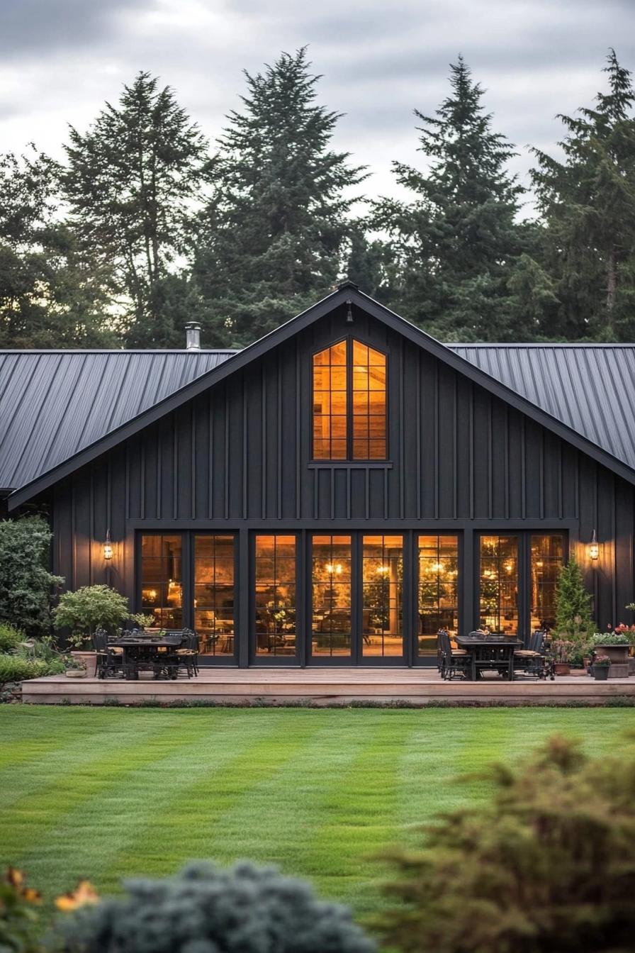 A sleek, dark-colored barndominium with large windows, surrounded by trees and a manicured lawn