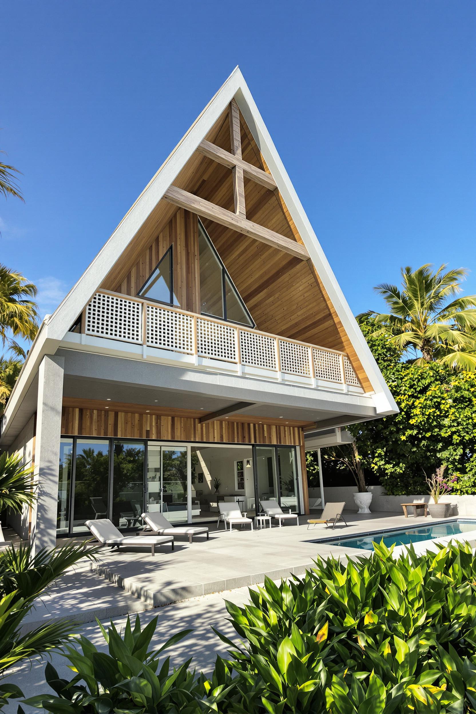 Stylish A-frame beach house with a pool and lush greenery