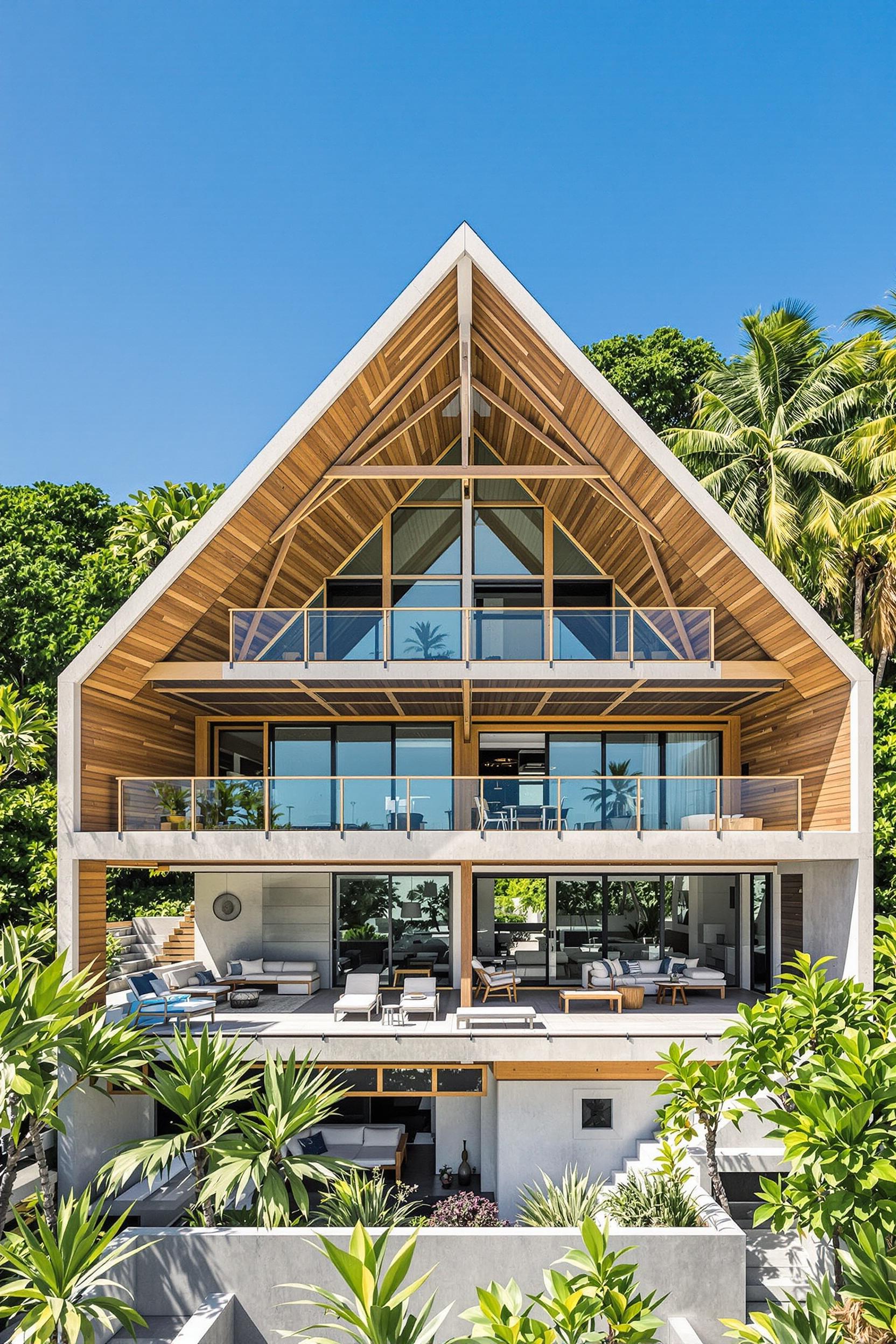 Seaside house with large wooden elements and palm surroundings