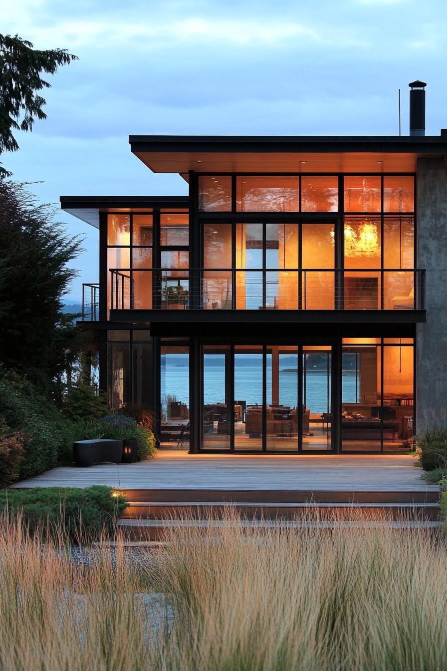 A modern beachfront house with large glass windows