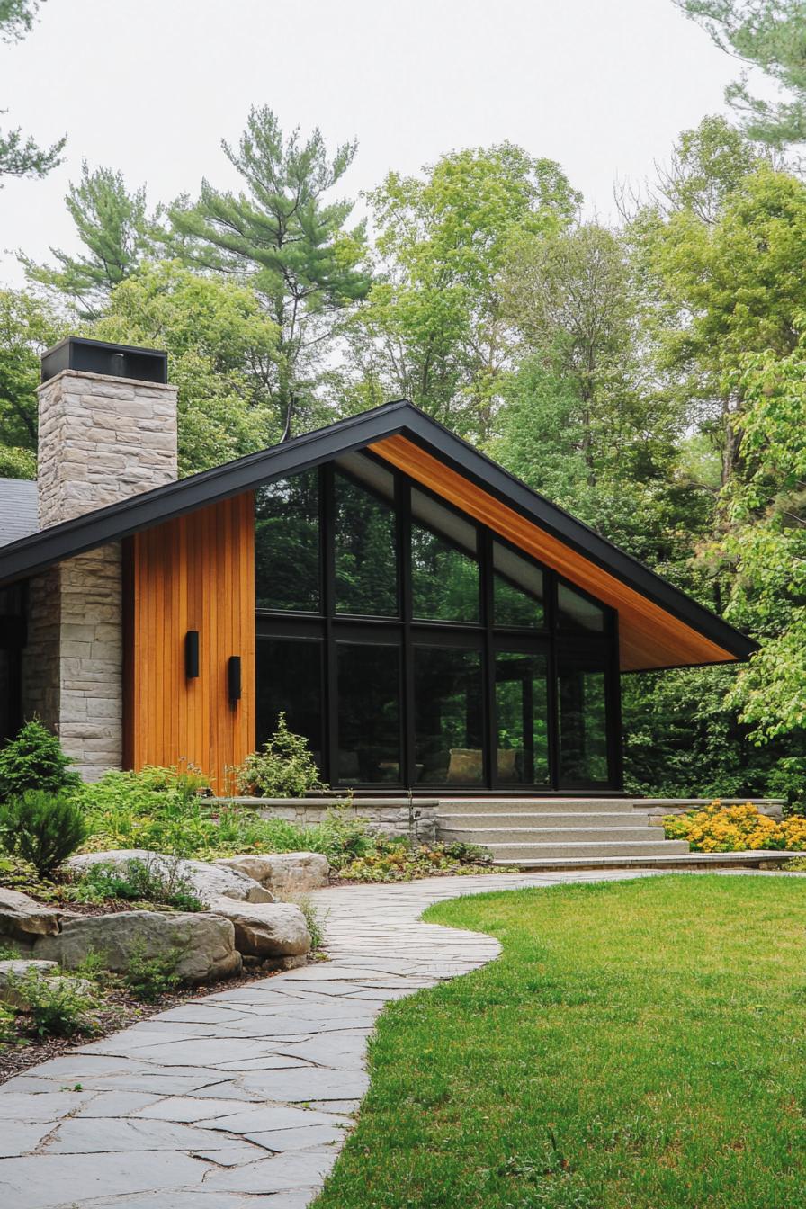 Modern bungalow with large glass windows amidst trees