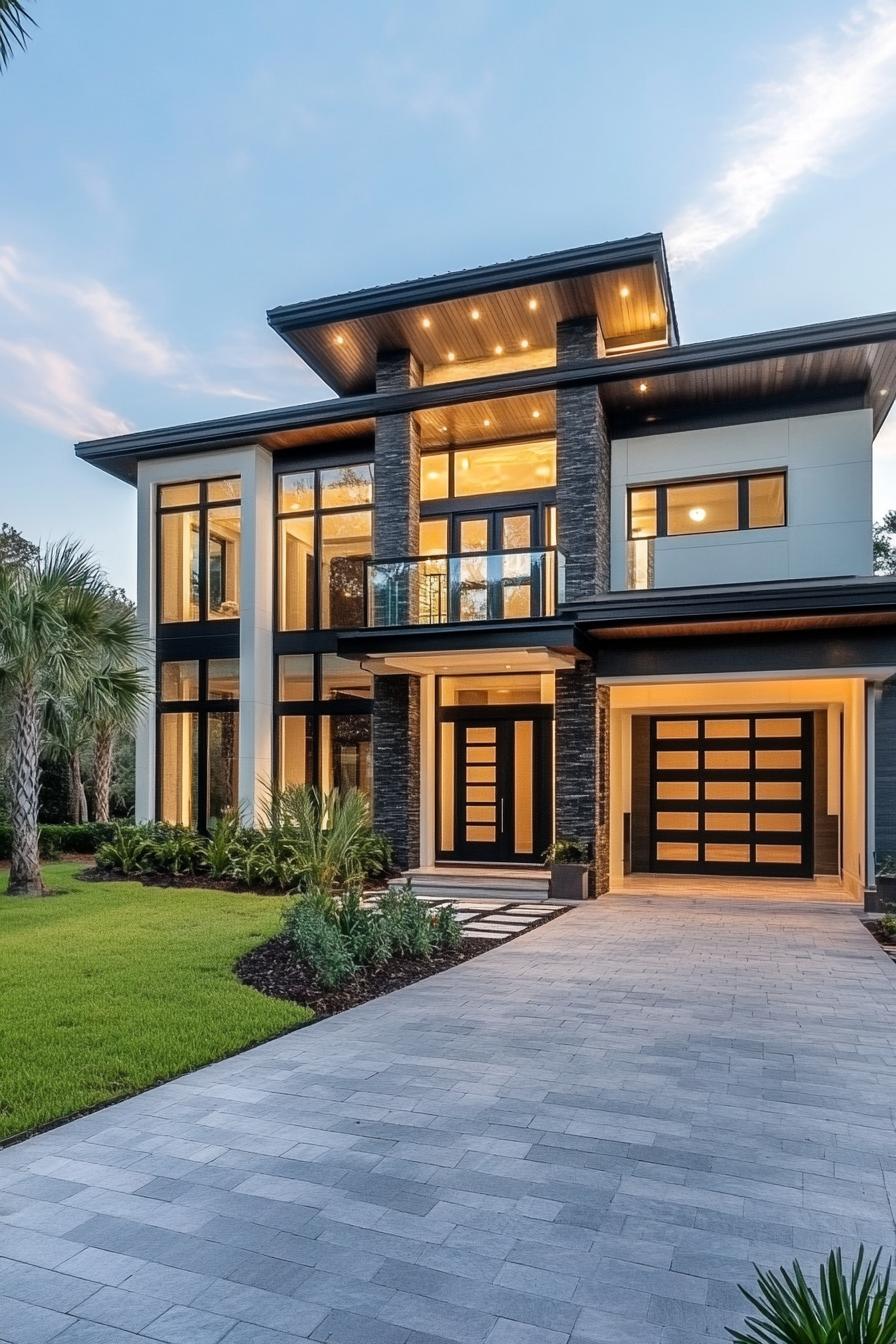 Modern house with stone accents and large windows