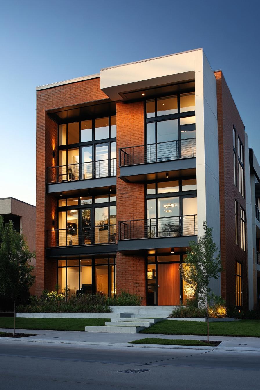 Contemporary brick building with large windows and balconies