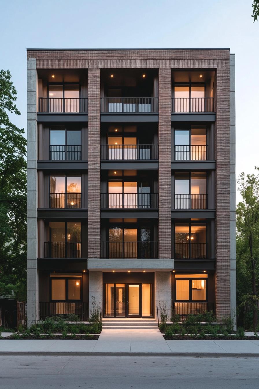 Modern apartment building with brick facade and metal balconies