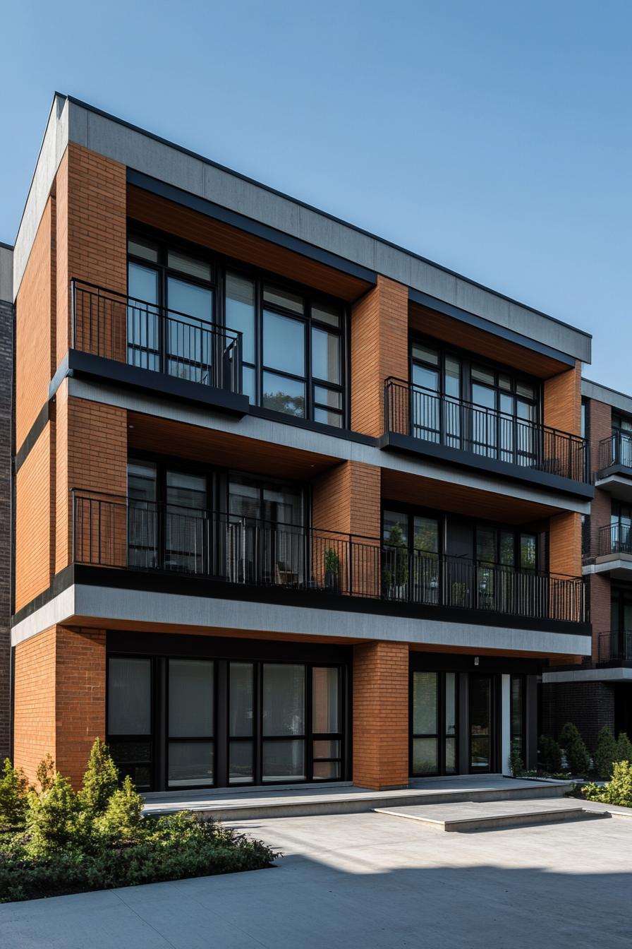 Brick building with balconies and large windows