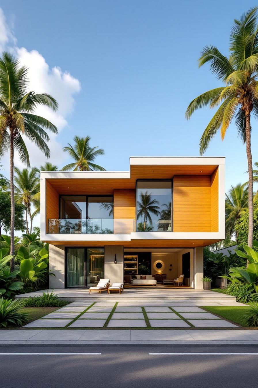 Modern tropical house with large windows and palm trees