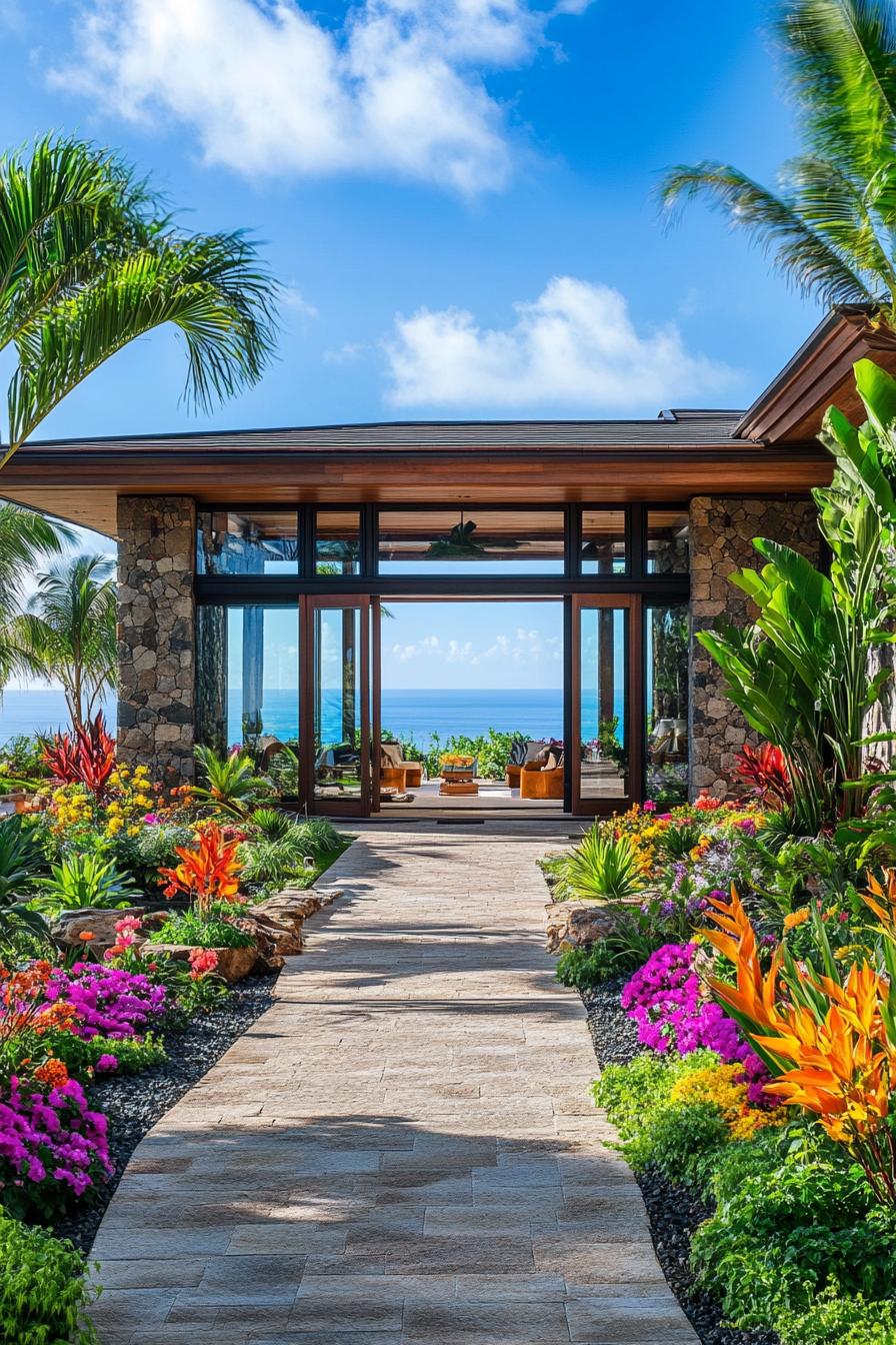 Pathway to a tropical house with a lush garden and ocean view